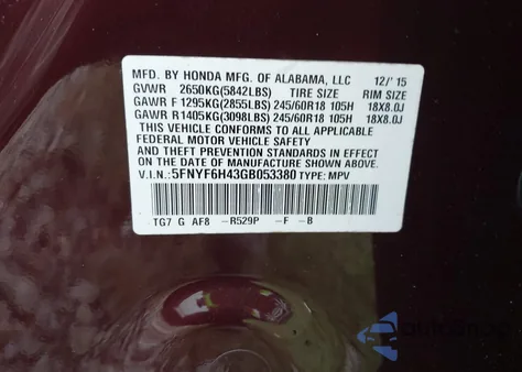 2016 Honda Pilot Ex from USA, damaged, VIN 5FNYF6H43GB053380